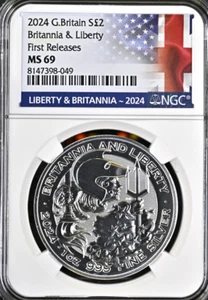 2024 Silbermünze British Britannia & US Liberty 1OZ NGC MS69 UK £2 BRITAIN - Bild 1 von 3