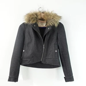 Anthropologie Cartonnier Jacket 0P XS Blue Wool Crop Moto Fur Collar Grunge Y2K - Picture 1 of 18