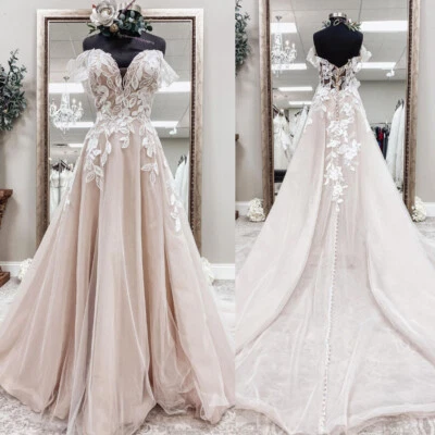 Champagne Floral Appliques Lace A-Line Wedding Dresses Off Shoulder Bridal Gowns - Image 1 of 4
