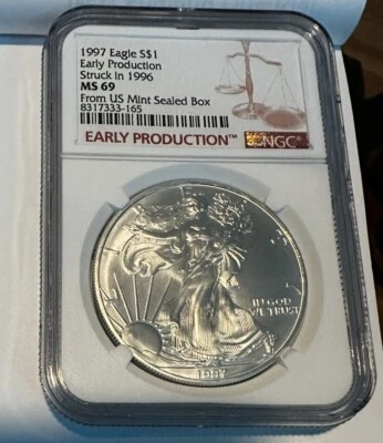 1997 NGC Silver Eagle Early Prod. Struck in 96' MS69 from U.S Mint Box - Image 1 of 3