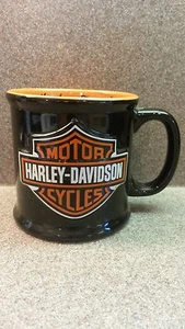 HARLEY DAVIDSON CLASSIC BLACK ORANGE EMBOSSED BAR SHIELD LOGO COFFEE MUG 4" - Picture 1 of 4