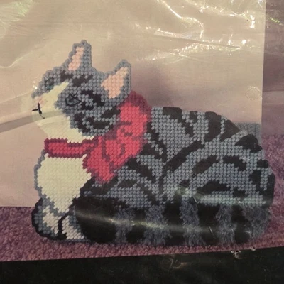 NIP Bucilla Gray Cat Bow Plastic Canvas Doorstop 9.5”x8.25 Kit #5805 Cottage - Image 1 of 4
