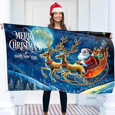 Christmas Flag 5ft x 3ft with eyelets - Christmas Banner Santa Claus - Vivid - Image 1 of 4