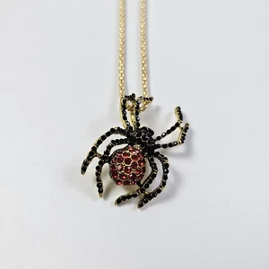 Betsey Johnson Sparkling Red &  Black Rhinestone Halloween Spider Necklace - Picture 1 of 3