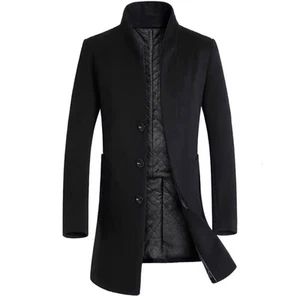 Mens Jacket Woolen Trench Coat Single Breasted Overcoat Long Outwear Winter - Picture 1 of 5