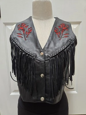 Interstate Leather Moto Biker Vest w/Fringe & Rose Cut-Outs, Black, Size Med. - Image 1 of 4