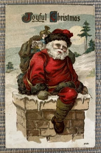 Joyful Christmas Santa Claus Brown Cuff Toys Chimney Antique Embossed Postcard - Picture 1 of 2
