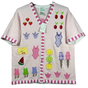 The Quacker Factory Sweater Womens Large Pink Cardigan Summer Themed Grandma NWT - Picture 1 of 6
