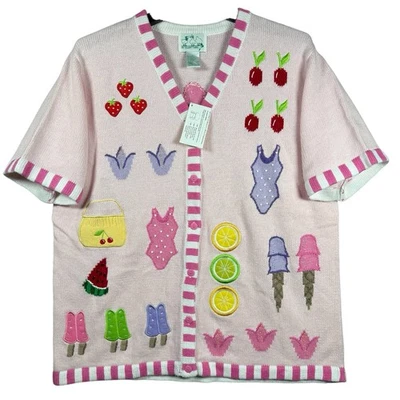 The Quacker Factory Sweater Womens Large Pink Cardigan Summer Themed Grandma NWT - Image 1 of 4