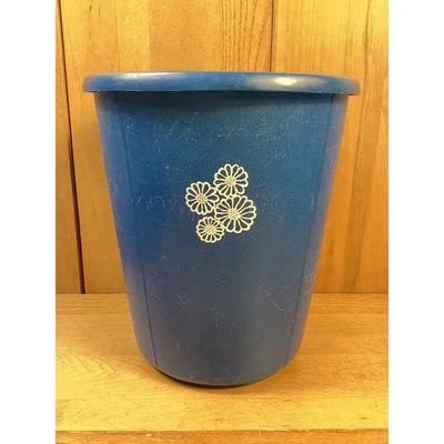 Vintage Rubbermaid Blue 10” Tall Trash Can With White Flowers MCM Prop Retro - Image 1 of 4