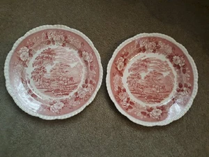 English Scenic Pink Transferware Dinner Plates (2) By Adams England - Picture 1 of 3