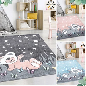 Kinderzimmer Teppich Mädchen  Bär mit Schmetterlingen Weich & Rutschfest - Bild 1 von 34