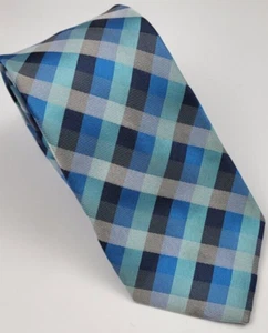 Andrew Fezza Silk Tie Blue Gray Black Plaid Geometric Necktie Skinny 59 x 2.75 - Picture 1 of 5