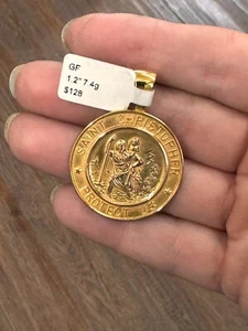 1.2" St Christopher Protect Us Medal Shiny Gold Plated over Sterling Silver - Picture 1 of 4