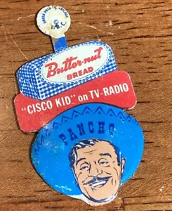 Sombrero azul PANCHO de los años 50 Cisco Kid Butternut Pan Lata Litografía pestaña Radio y TV insignia - Imagen 1 de 6