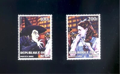 Lote de 2 estampillas de Mago de Oz Judy Garland Margaret Hamilton Benin Foto 1 de 4