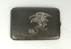 Vintage JAPANESE  Damascene Cigarette Case Mixed metal iron gold Silver Eagle - Picture 1 of 9