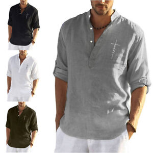 Mens Long Sleeve Linen Shirts Summer Solid Loose Casual Dress Shirt Blouse Tops