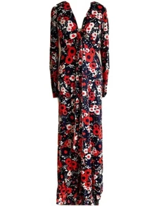 70's Abstract Floral Maxi Long Sleeve Ruffled Bottom Plunge Neck Line Dress 12 - Picture 1 of 6