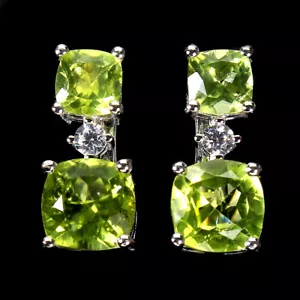 Unheated Cushion Green Peridot 7mm Simulated Cz 925 Sterling Silver Earrings - Picture 1 of 10