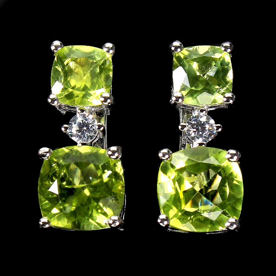 925 Sterling Silver Earrings Cushion Peridot 7mm Simulated Cz Gemstone Jewelry - Image 1 of 4