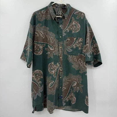 Vintage GH Bass Shirt Men XL long Green Paisley AOP Short Sleeve Cotton Vacation - Image 1 of 4