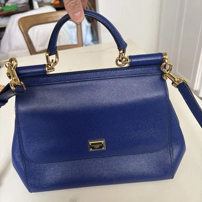 DOLCE & GABBANA Sicily 2Way Shoulder Handbag Blue Leather Gold Logo Plate Women - Image 1 of 4