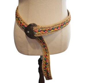 Vintage Raffia Braided Belt Coconut Shell Buckle Multicoloured Boho 110cm Long - Picture 1 of 6