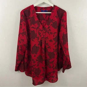 APT. 9 Long Sleeve Bright Red Floral V-Neck Blouse Women's Size XXL - Picture 1 of 5