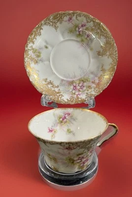 ANTIGUO THEODORE HAVILAND Limoges -1027a- Juego(s) de tazas y platillos, lavanda/rosa en muy buena condición Foto 1 de 4