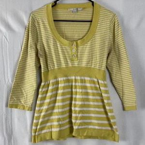 Boden Sz 10 (US) Yellow Striped Scoop Neck Top Big Buttons 3/4 Sleeve Jumper - Picture 1 of 8