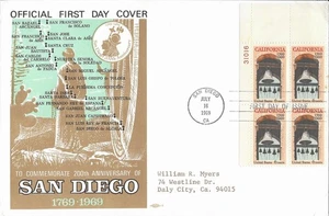 1969 FDC, #1373,6c California Bicentennial, neat cachet (oversize), plate block - Picture 1 of 2