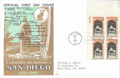 1969 FDC, #1373,6c California Bicentennial, neat cachet (oversize), plate block - Image 1 of 2