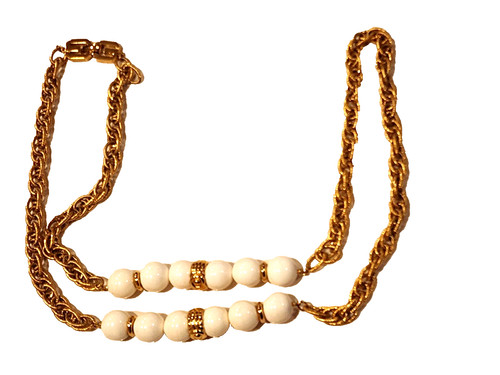 Collana di perline bianche firmata GIVENCHY 1977 catena tono oro