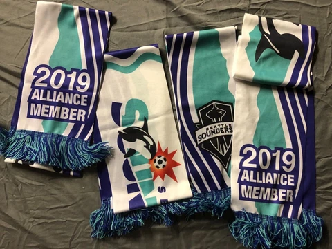 Lot of 4 Seattle Sounders FC Scarf 2019 Alliance Member MLS Soccer plus flag Cover