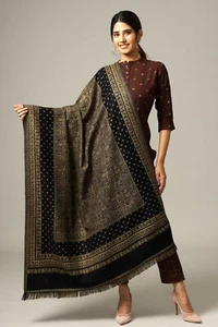 Large Wool Abstract & Vine Boarder Kani Jamavar Shawl Pashmina Beige On Black - Picture 1 of 7