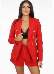 New Ladies Gold button stretch military style double breasted blazer jacket UK