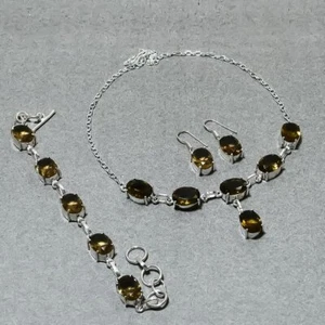 Faceted Smoky Quartz Oval Shape Gemstone Antique Solitaire Necklace Jewelry Set - Picture 1 of 9
