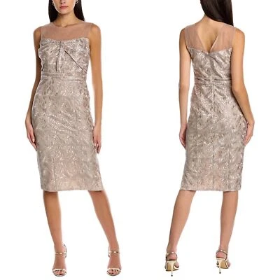 NEW JS COLLECTIONS Shea METALLIC Bow EMBROIDERED Sleeveless MESH Sheath DRESS - Image 1 of 4