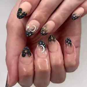 False nails Medium Oval Matte Black Ombre Star Moon 24PK + FREE nail tabs BN519