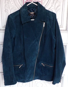 Veste femme femme Dennis Brasso en cuir véritable daim zippée devant sarcelle foncée taille S écuc - Photo 1/3