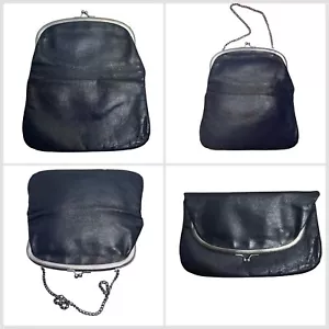 VTG 50s Navy Kiss Lock Snap Leather Hand Bag Purse Silvertone Chain Strap Women - Picture 1 of 14