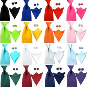 Men Solid Plain Satin Wide Necktie Handkerchief Pocket Square Cufflink Tie Set - Picture 1 of 15