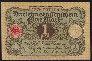 Germany 1 Mark 1920 Vintage Old Paper Money Banknote Currency Note Pick 58 XF - Picture 1 of 2
