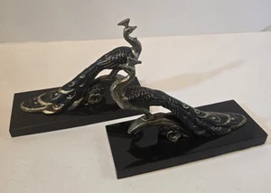 Vintage Hollywood Regency Peacock Cast Iron Bookends on Black Marble Bases Used - Picture 1 of 7