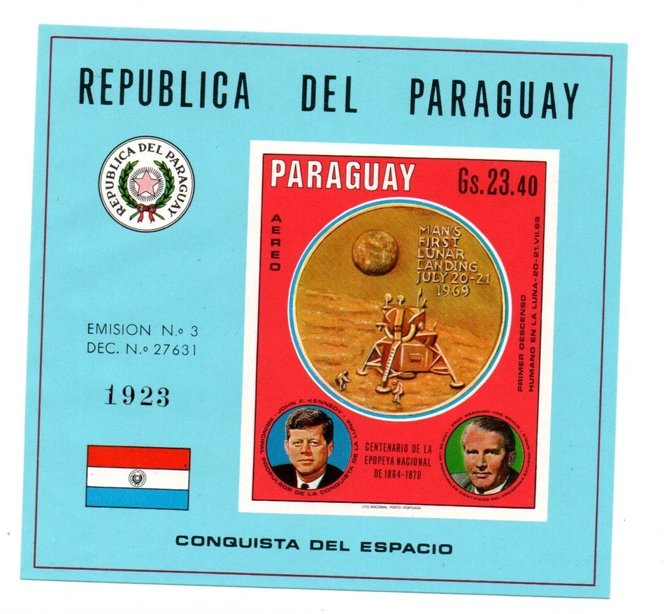 Folha de selos espaciais/lua/Kennedy do Paraguai 1969 (Bloco Michel 127) MNH - Imagem 1 de 1