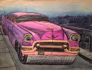 "KING KAD", Tinte auf Papier, 12" x 14", 1976, Cadillac, Caddy, 56, 1956, Limousine - Bild 1 von 2