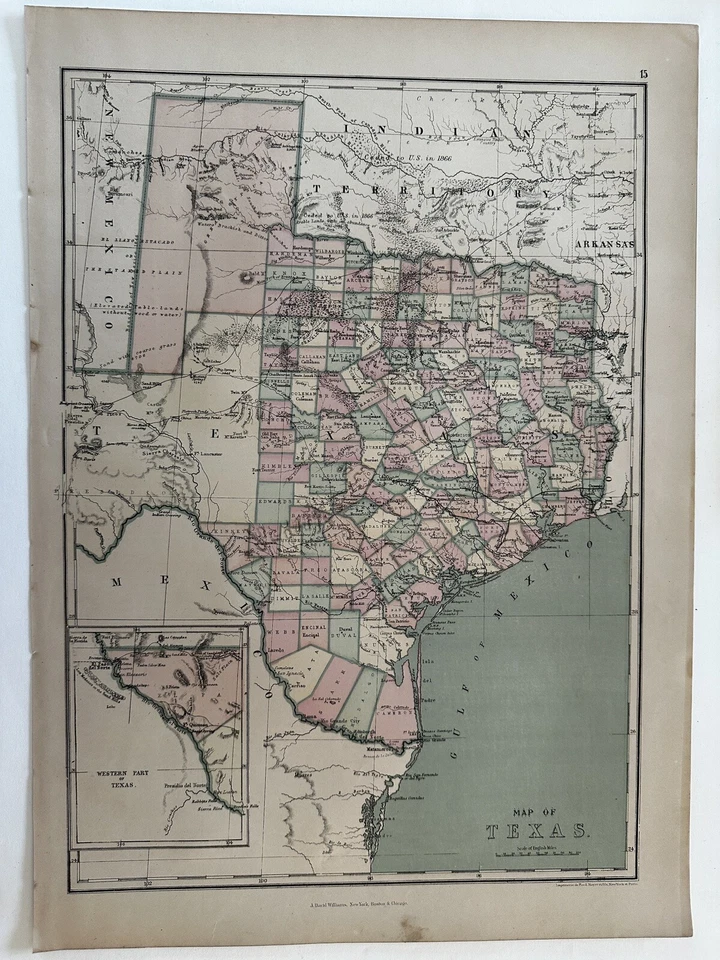 Texas y Territorio Indio 1873 JD Williams mapa estatal temprano coloreado a mano grande Foto 1 de 4