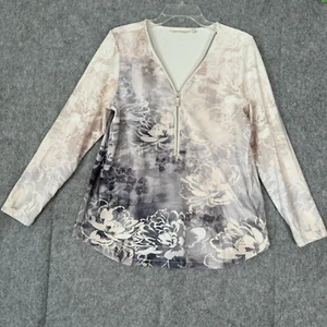SOFT SURROUNDINGS Corrina Top Shirt Womens Medium Velour 1/4 Zip Ivory Gray - Picture 1 of 13