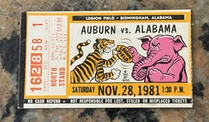 November 28, 1981 Auburn vs Alabama Football Ticket Stub Coach Bryant’s 315 Win - Picture 1 of 3